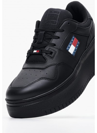 Women Casual Shoes Basket.Flatform Black Leather Tommy Hilfiger