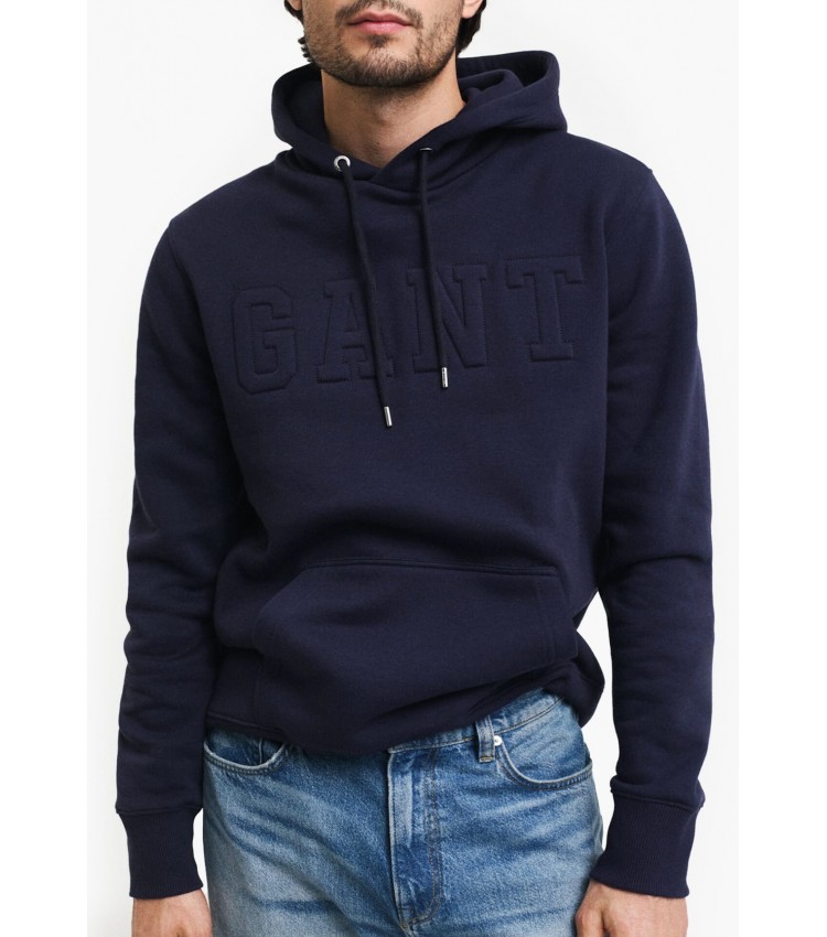 Ανδρικά Φούτερ Embossed.Hoodie Σκούρο Μπλε Βαμβάκι GANT