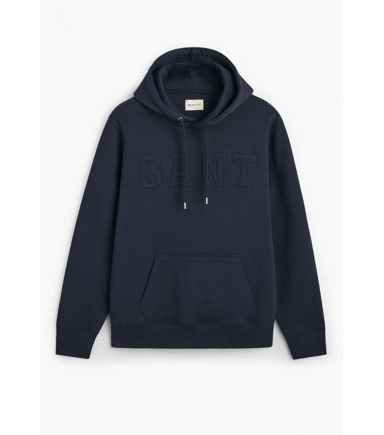 Ανδρικά Φούτερ Embossed.Hoodie Σκούρο Μπλε Βαμβάκι GANT