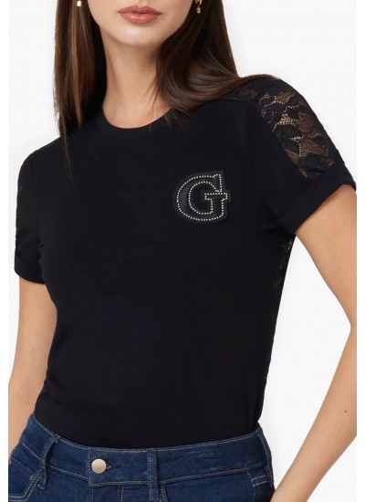 Γυναικείες Μπλούζες - Τοπ Lace.Tee Μαύρο Βαμβάκι Guess