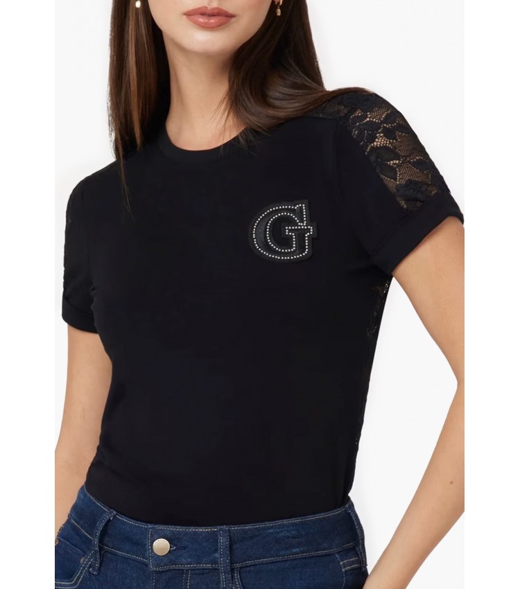 Γυναικείες Μπλούζες - Τοπ Lace.Tee Μαύρο Βαμβάκι Guess