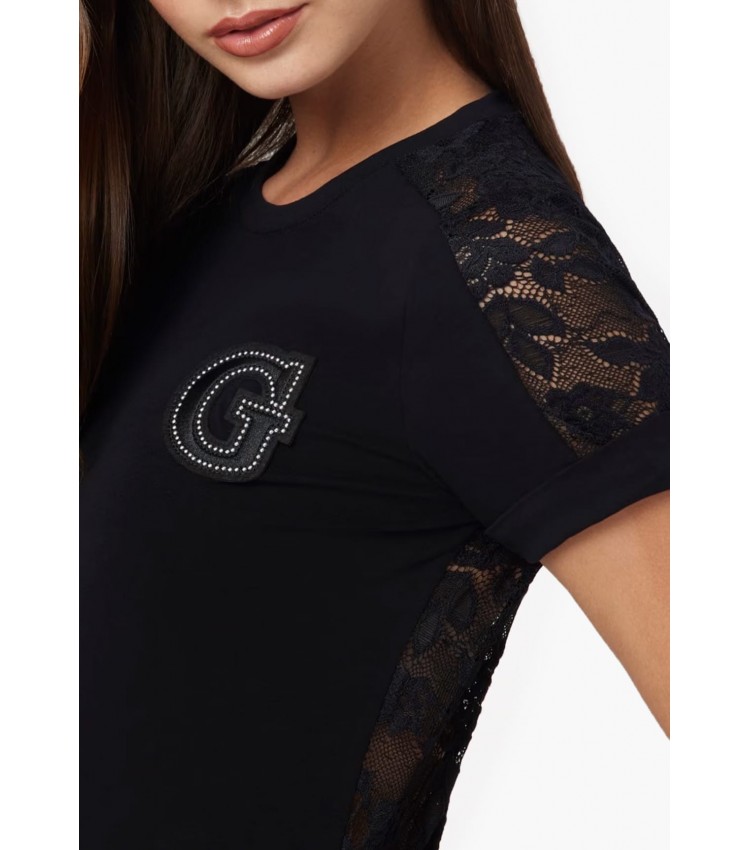 Γυναικείες Μπλούζες - Τοπ Lace.Tee Μαύρο Βαμβάκι Guess