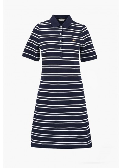 Γυναικεία Φορέματα - Ολόσωμες Φόρμες Stripe.Dress.Pique Σκούρο Μπλε Βαμβάκι GANT