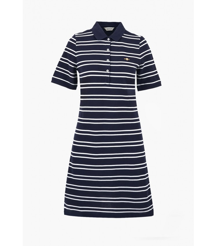 Γυναικεία Φορέματα - Ολόσωμες Φόρμες Stripe.Dress.Pique Σκούρο Μπλε Βαμβάκι GANT