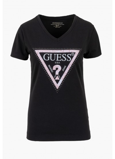 Women T-Shirts - Tops Python.Triangle Black Cotton Guess