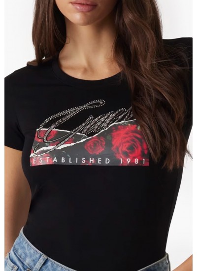 Women T-Shirts - Tops Roses.Print Black Cotton Guess