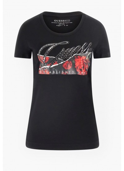 Women T-Shirts - Tops Roses.Print Black Cotton Guess