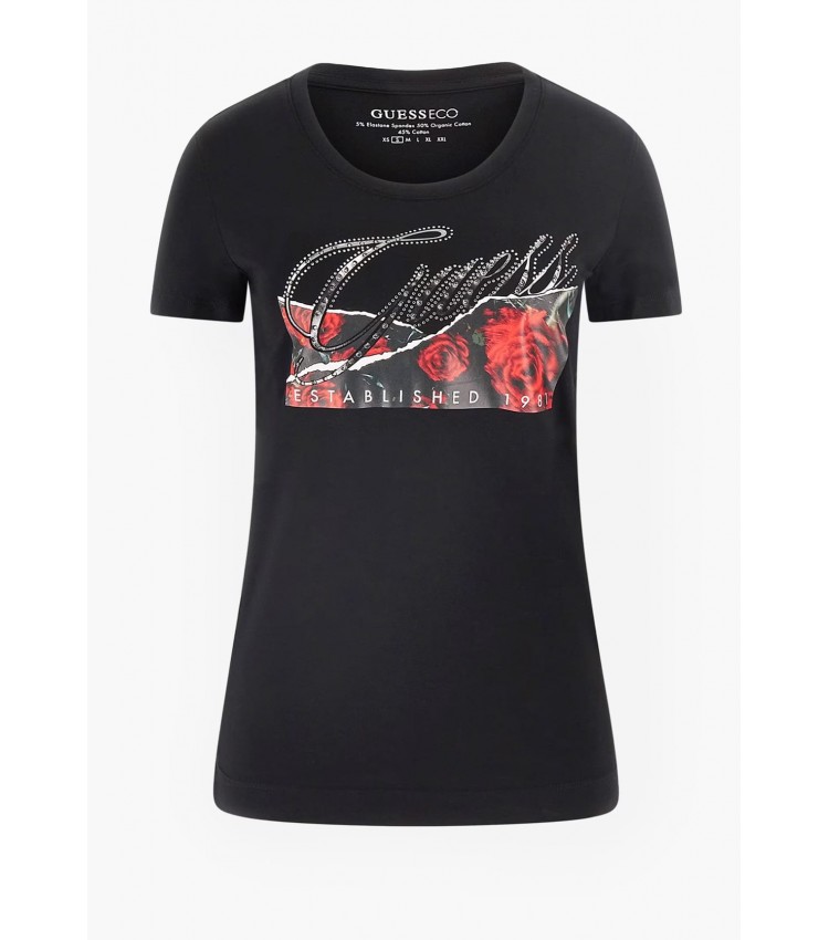 Women T-Shirts - Tops Roses.Print Black Cotton Guess