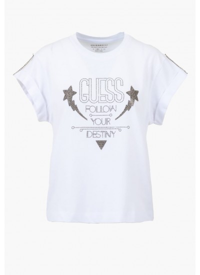 Women T-Shirts - Tops Sleeves.Strass White Cotton Guess