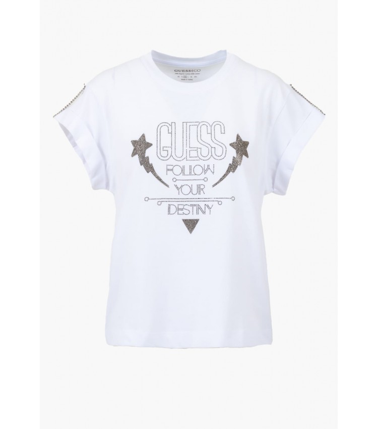 Women T-Shirts - Tops Sleeves.Strass White Cotton Guess