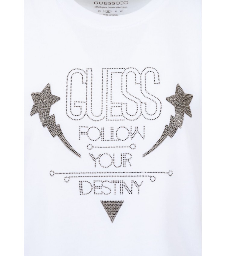 Women T-Shirts - Tops Sleeves.Strass White Cotton Guess