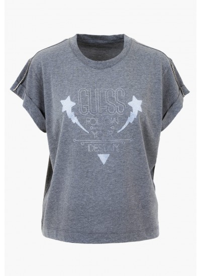 Women T-Shirts - Tops Sleeves.Strass Grey Cotton Guess